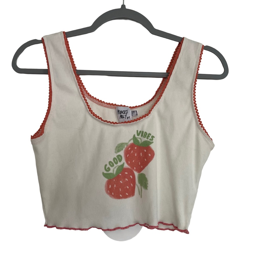Princess Polly Strawberry Kisses Top Women Size 8 White NWT Good Vibes Ribbed